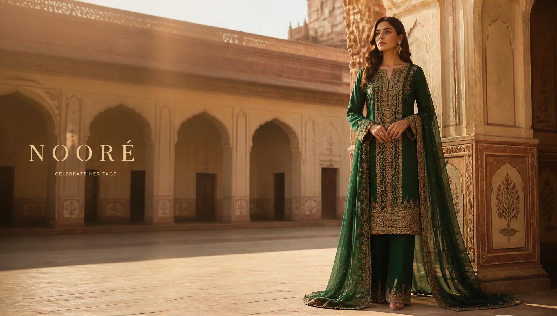 Model wearing a hand-embroidered Pakistani formal suit from the Mahii fashion collection